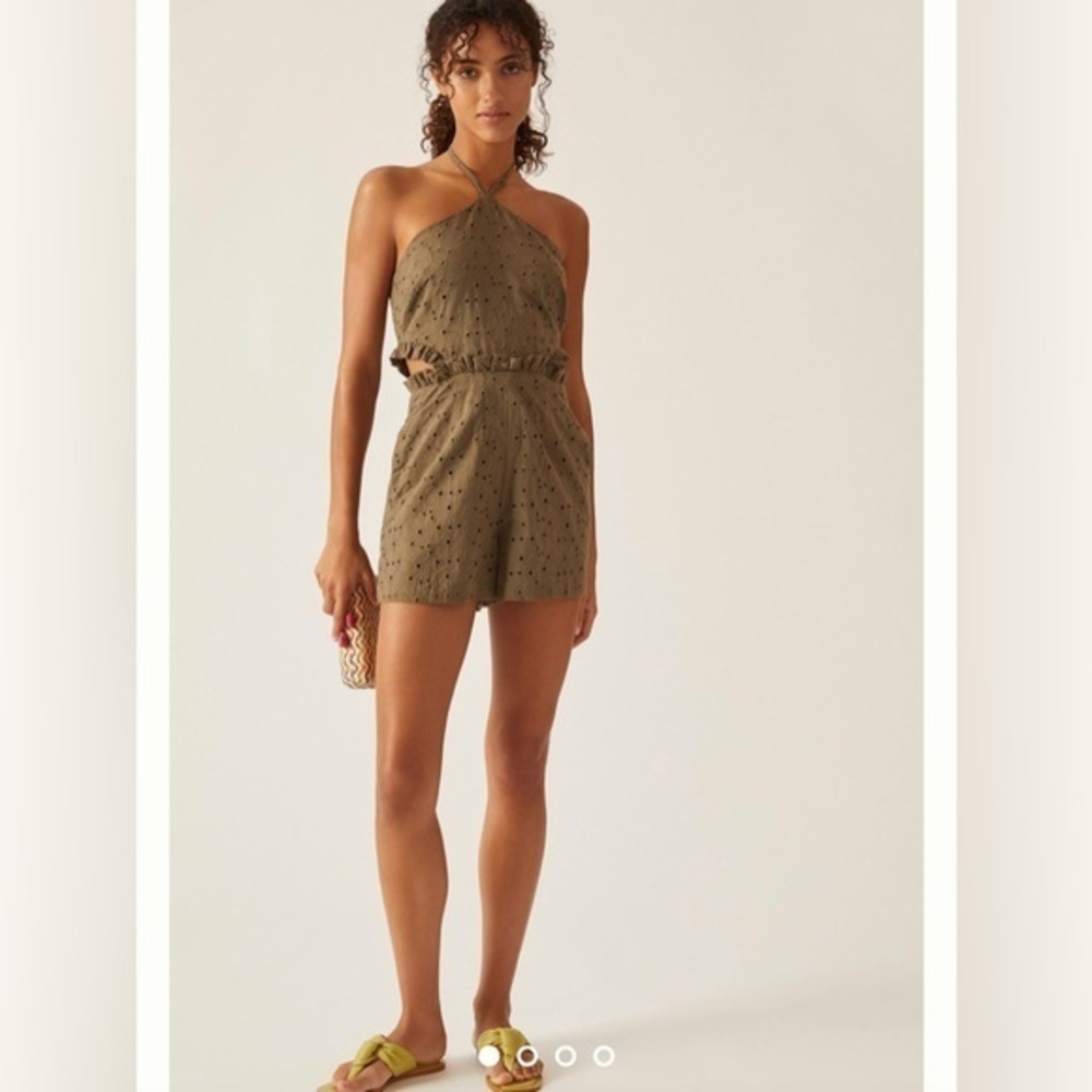 NWT Hutch Solid Halter Romper Eyelet Ruffle Cutout Olive Army Green size 14